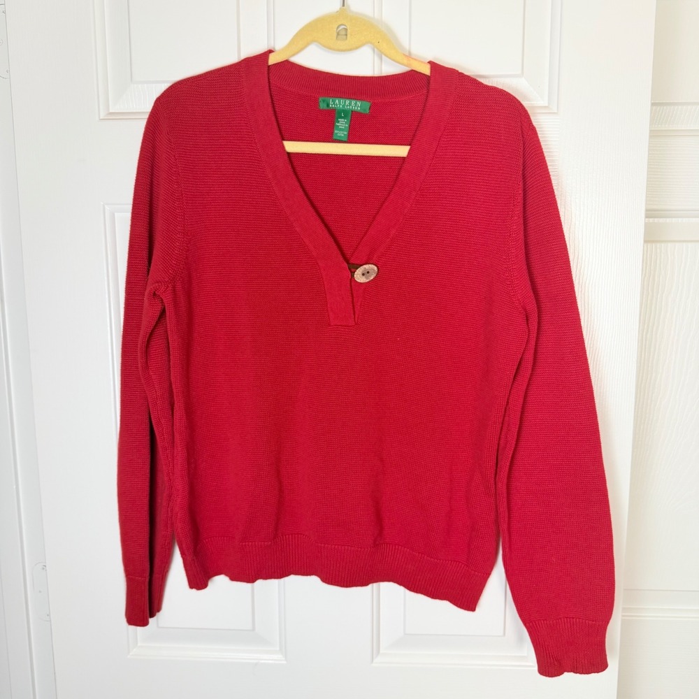 LAUREN RALPH‎ LAUREN Red Cotton Blend V Neck Button Detail Sweater Top Women's L